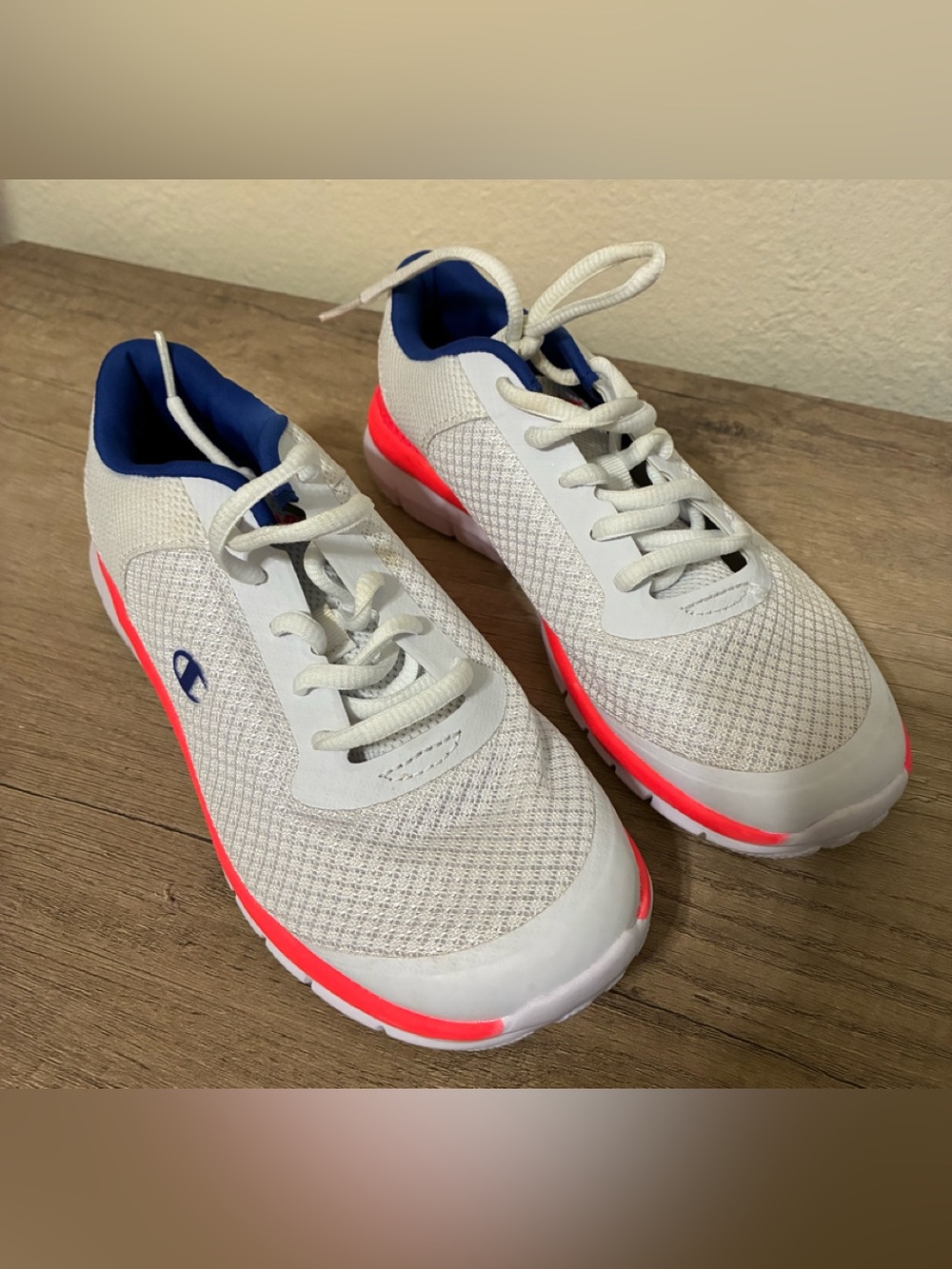 Girls Champion White Sneakers with Pink and Blue Accents